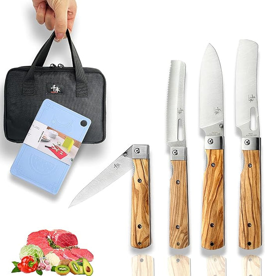 440A stainless steel Gift wrapped 4 piece set sharp pocket folding Japanese chef knife universal peeling knife bread knife set portable kitchen knives with natural olive handle