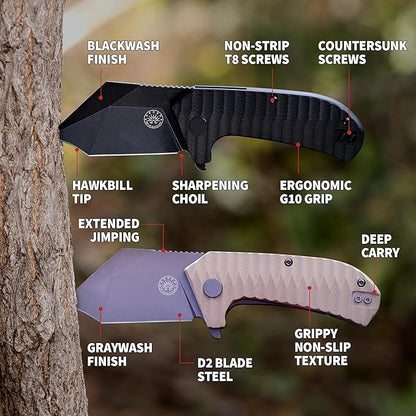 Off-Grid Knives - Raptor EDC Folding Knife with Tumbled Black D2 Steel, Grippy G10, Bearings, Deep Carry Left & Right, Hawkbill Tip, Stout Everyday Carry