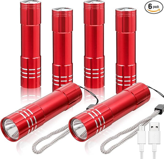 6 Pack LED Aluminum Small Mini USB C Rechargeable Flashlights, Handheld Small Flashlight Bulk for Kids, Portable Camping Bright High Lumens Flashlight Christmas Gifts (Red)