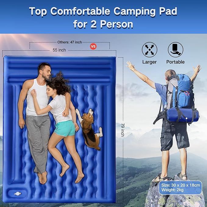 Double Sleeping Pad Camping, Self Inflating 5'' Extra-Thick 2 Person Pillow Built-in Foot Pump Waterproof Inflatable Sleeping Mat Backpacking, Tent, Hiking, Portable Camping Pad (Navy Grey)