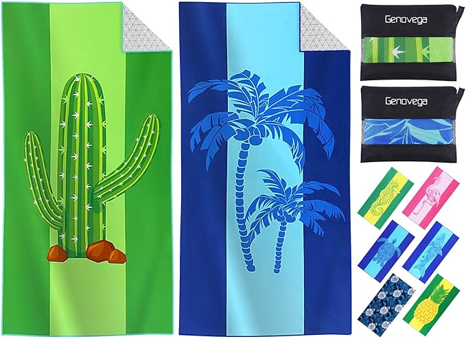 2 Packs Microfiber Oversized Lightweight Thin Beach Towel Compact Sandproof Quick Dry Clearance Towels Extra Large Sand Free Pool Essentials Accessories Women Men Adults Gifts Cactus Coconut Tree