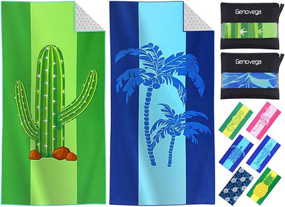 2 Packs Microfiber Oversized Lightweight Thin Beach Towel Compact Sandproof Quick Dry Clearance Towels Extra Large Sand Free Pool Essentials Accessories Women Men Adults Gifts Cactus Coconut Tree