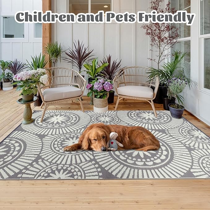 Ileading Reversible Plastic Outdoor Rug Modern Geometric Style Patio Straw Mat Waterproof Deck Carpets Non Shedding Portable Area Rugs for RV Beach Backyard Outside Pool Picnic Camping(6'x9'Grey)