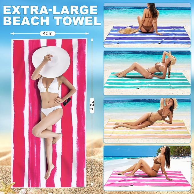 2 Pack Microfiber Oversized Beach Towel Lightweight Thin Sandproof Compact Quick Dry Clearance Towels Extra Large Sand Free Travel Beach Essentials Accessories Women Men Adult Gift Pink Yellow Stripe