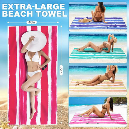 2 Pack Microfiber Oversized Beach Towel Lightweight Thin Sandproof Compact Quick Dry Clearance Towels Extra Large Sand Free Travel Beach Essentials Accessories Women Men Adult Gift Pink Yellow Stripe