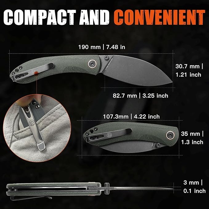 Vosteed EDC Knife, 3.26" Lightweight Folding Pocket Knife with Clip for Men and Women, Modern Shilin Cutter with Nitro-V Steel Blade, Micarta Handle for Camping, Hiking -Nightshade Series