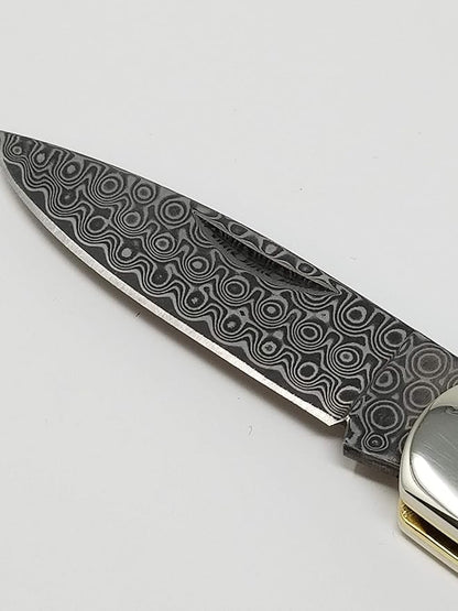 3" Custom Handmade Green G10 and Fossilized Stone Handle on Demascus lockback