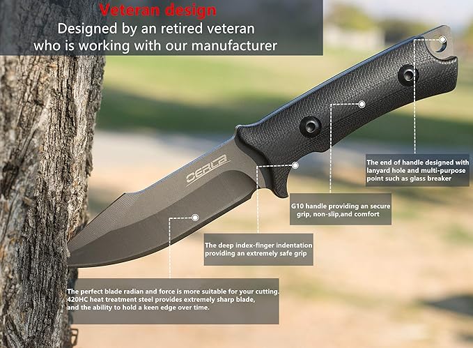 OERLA TAC Knives OLF-1009 Fixed Blade Outdoor Camping Hunting Field Knife 420HC Stainless Steel with Black G10 Handle Waist Clip EDC Kydex Sheath