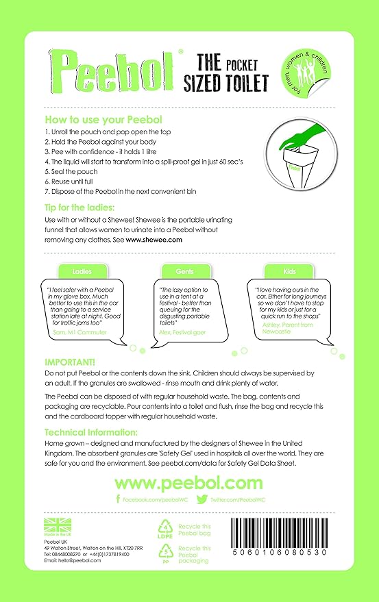 by SHEWEE – The Pocket-Sized Toilet – Rapidly Turns 1L of Urine into an Odourless & Solid Gel. Made in the UK, Disposable Urinal Bag for Everyone. Festival, Camping, Car & Travelling Essentials