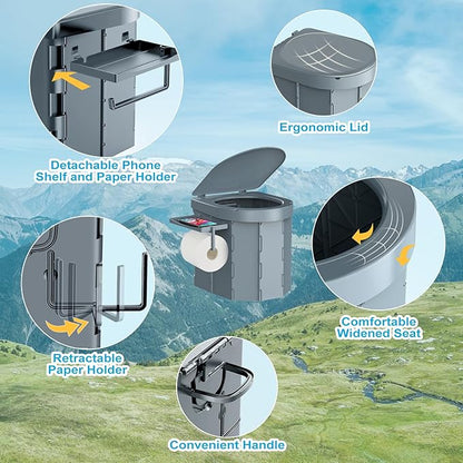Portable Camping Toilet, Foldable Toilet for Adults with Detachable Phone Shelf and Toilet Paper Holder, Waterproof Porta Potty with Lid for Camping, Hiking, RV Travel, Road Trips