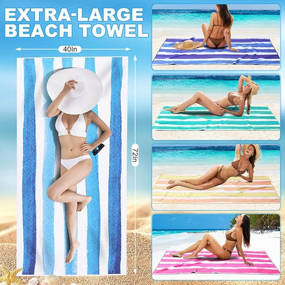 2 Pack Microfiber Oversized Beach Towel Lightweight Thin Sandproof Compact Quick Dry Clearance Towels Extra Large Sand Free Pool Travel Beach Essentials Accessories Women Adult Gift Bule Green Stripe