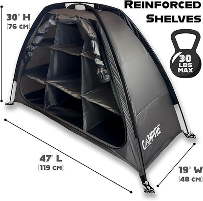 Tent & RV Camping Organizer with Zippered Flap, 9-Shelf Storage. RV Shoe Organizer, Dining Tent Organizer. Organize Any Other Camp Gear/Accessories (Patented - Licensed)