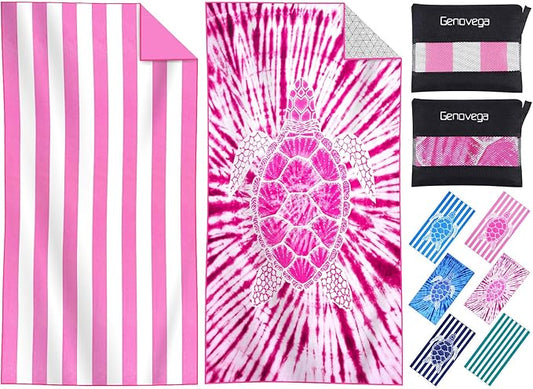 2 Packs Microfiber Oversized Lightweight Thin Beach Towel Sandproof Compact Quick Dry Clearance Towels Extra Large Sand Free Travel Beach Essentials Accessories Women Adult Gift Pink Stripe Vortex