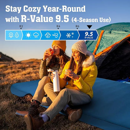 Hikenture Extra Thick Double Self Inflating Sleeping Pad, 9.5 R Camping Mattress 2 Person, Inflatable Foam Camping Pad with Pump Sack, Portable 4 in Thickness Comfort Plus Camping Mat for 4-Season