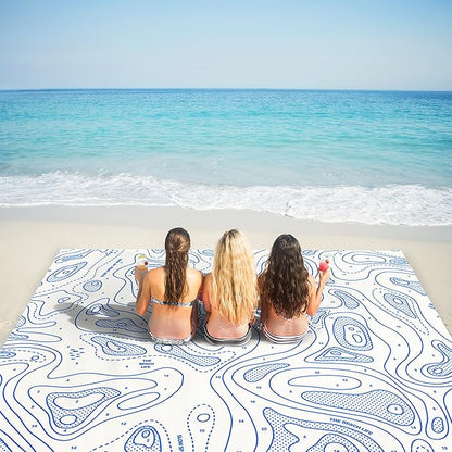 Beach Blanket Sandproof, 78''×86'' Large Waterproof Sand Free Beach Mat for 4 Adults, Big Compact Foldable White Beach Essential with 4 Stakes & 4 Corner Pockets for Picnic, Camping, Travel