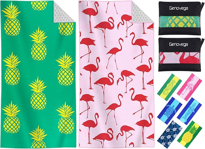 2 Packs Microfiber Oversized Lightweight Thin Beach Towel Compact Sandproof Quick Dry Clearance Towels Extra Large Sand Free Essentials Accessories Women Men Adults Gifts Little Pineapple Flamingos
