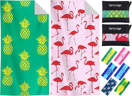 2 Packs Microfiber Oversized Lightweight Thin Beach Towel Compact Sandproof Quick Dry Clearance Towels Extra Large Sand Free Essentials Accessories Women Men Adults Gifts Little Pineapple Flamingos