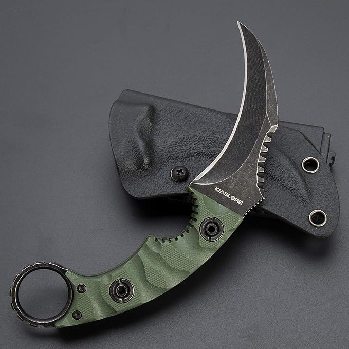1911K Tactical Knife Fixed Blade Teeth Knife D2 curved Blade & G10 Handle for Outdoor Survival, Camping, Bushcraft and Hunting, with Sheath (Stonewashed OD Green, 180)