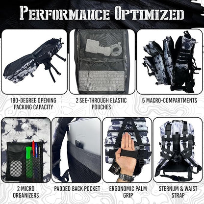 45L Elite Tactical Backpack | 3X Stronger Work & Military Backpack | Water Resistant and Heavy Duty | 3 Day MOLLE Bug Out Bag (Black Ice)