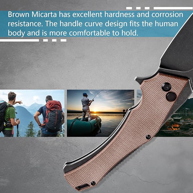 KANSEPT Hellx Pocket Folding Knives Button Lock for Men EDC Pocket Knife 3.6'' Black Stonewashed D2 Blade Excellent Folding Knife with Brown Micarta Handle EDC Knife T1008F2