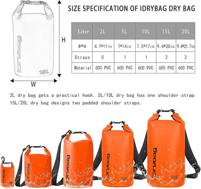 IDRYBAG Dry Bags for Kayaking Waterproof 2L/5L/10L/15L/20L, Small Dry Bag Waterproof Floating, Dry Sack Waterproof Bag for Paddleboarding Travel