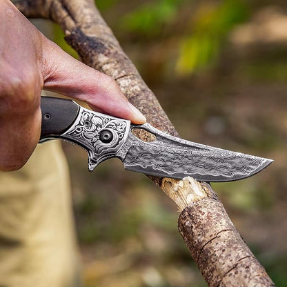 3.5in handmade japanese vg10 damascus steel blade folding pocket knife for men and women,leather sheath,ebony wood handle,liner lock,edc outdoor knives for camping