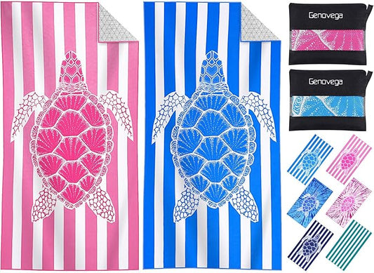 2 Packs Microfiber Oversized Lightweight Thin Beach Towel Sandproof Compact Quick Dry Clearance Towels Extra Large Sand Free Pool Travel Beach Essentials Accessories Women Adult Gift Blue Pink Turtle
