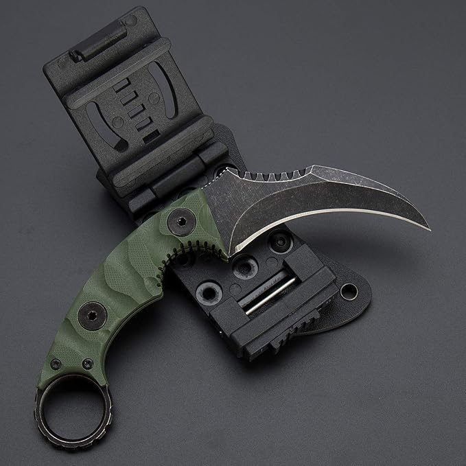 1911K Tactical Knife Fixed Blade Teeth Knife D2 curved Blade & G10 Handle for Outdoor Survival, Camping, Bushcraft and Hunting, with Sheath (Stonewashed OD Green, 180)