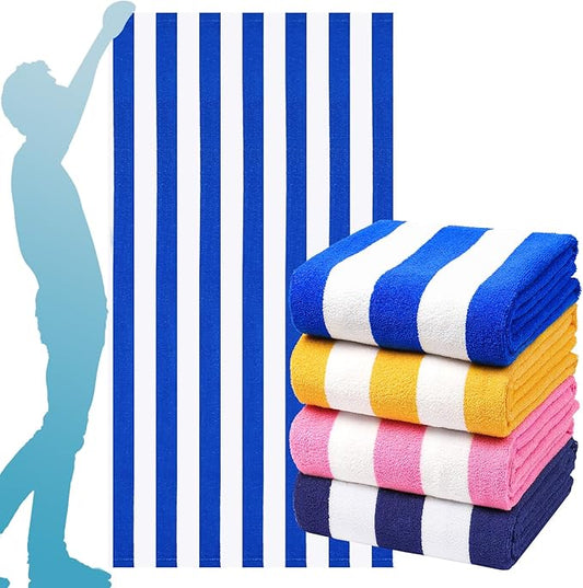 4 Packs Oversized Stripe Beach Towel Thin Terry with Towel Bands Set Extra Large Big Clearance Pool Travel Accessories Essentials Soft Absorbent Swim Bath Towels Bulk Men Women Adults Gift Blue Pink