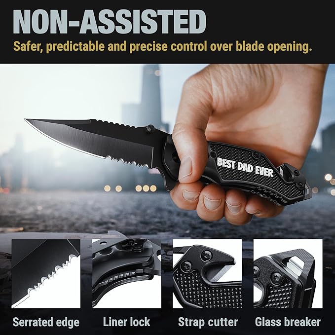 Pocket Knife ‘BEST DAD EVER’ - Legal Folding Knife with Engraved Aluminum Handle - 2.95” Sharp Blade - Cool Knives for Dad from Daughter Son - Best Father's Day Present - Gift for Him Men 6680 BDE