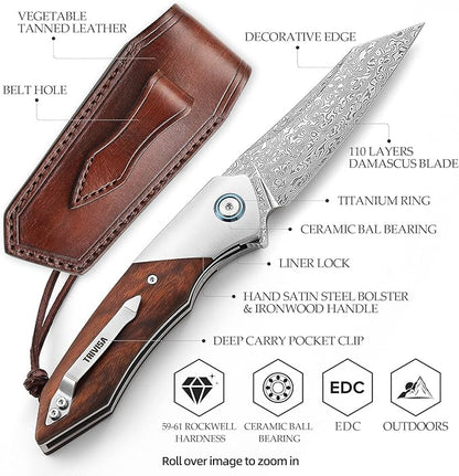 3.5" Damascus EDC Folding Pocket Knife with Clip for Men, Handmade Leather Sheath for Belt，Steel Bolster & Ironwood Handle,Ball Bearings Pivot,Everyday Carry Outdoor,Vul-01