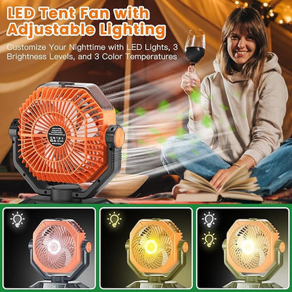 Camping Misting Fan Rechargeable - 20000mAh Portable Mist Fan For Tents With LED Lantern Light, Auto Oscillating With Remote For Outdoor, Battery Operated With Timer 5 Speeds(Orange)