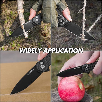 FLISSA Folding Pocket Knife, 4.5" Carbon Fiber Handle EDC Knife with D2 Steel Blade, Button Lock and Pocket Clip, Tactical Knives for Men Women, Uesd for Outdoor, Survival, Hunting and Camping