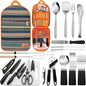 Portable Camping Kitchen Utensil Set-27 Piece Cookware Kit, Stainless Steel Outdoor Cooking and Grilling Utensil Organizer Travel Set Perfect for Travel, Picnics, RVs, Camping, BBQs, Parties and More