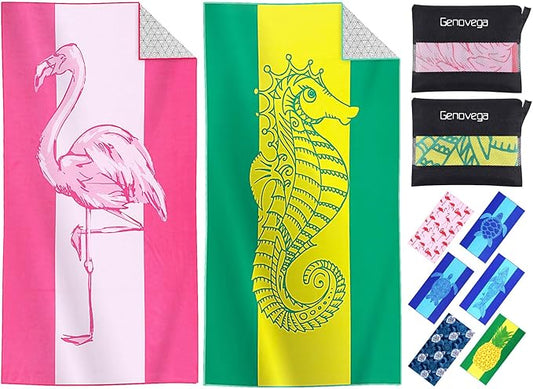 2 Packs Microfiber Oversized Lightweight Thin Beach Towel Compact Sandproof Quick Dry Clearance Towels Extra Large Sand Free Pool Travel Essentials Accessories Women Men Adults Gifts Seahorse Flamingo