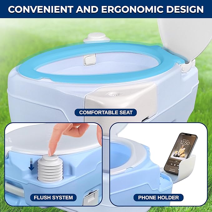 SereneLife 15L Portable Camping Toilet, 120 Flushes, Leak-Proof, Made From Durable PE Material, Detachable Waste Tank with Hand Sprayer and Phone Holder, Ideal for On-the-Go Recreational Activities