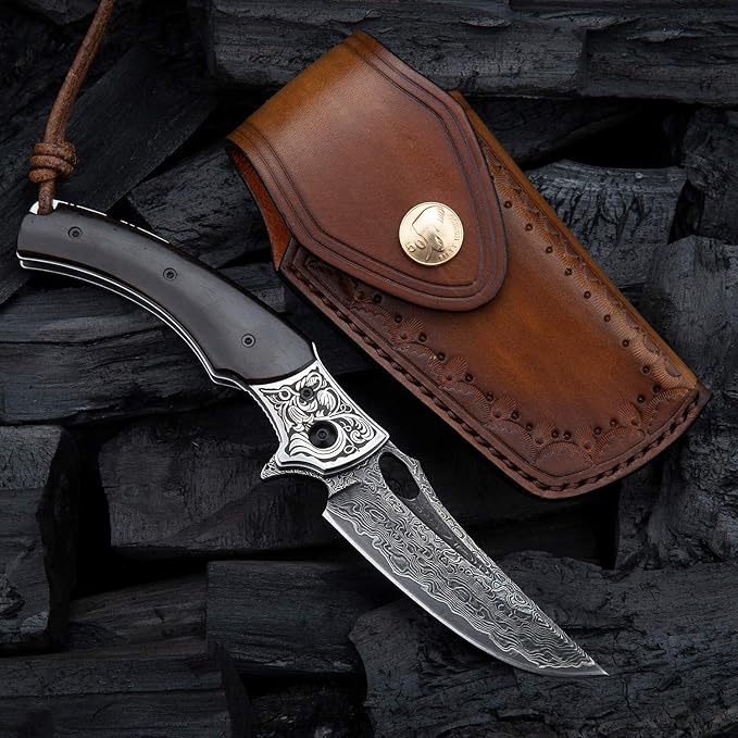 3.5in handmade japanese vg10 damascus steel blade folding pocket knife for men and women,leather sheath,ebony wood handle,liner lock,edc outdoor knives for camping