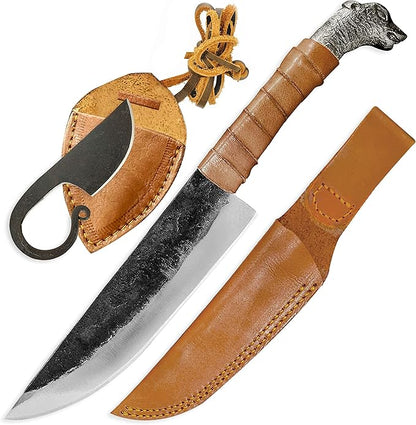 2-Piece Viking knife Set - 10.3" Wolf-Head Viking Knife with 6.5" Blade & Leather Sheath - 3" Celtic Pocket Knife with Necklace Case - Sharp Hand-Forged Real Carbon Steel