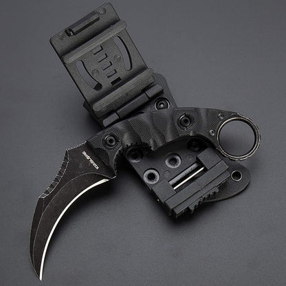 1911K Tactical Knife Fixed Blade Teeth Knife D2 curved Blade & G10 Handle for Outdoor Survival, Camping, Bushcraft and Hunting, with Sheath (Stonewashed, 180)
