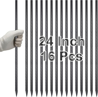 VVOKGO Rebar Stakes 24 Inch Ground Straight Rebar Stakes (16pcs), Heavy Duty Ground Anchors, 3/8" Diameter Steel Plant Support Garden Stake with Chisel Point End, Hammer Through Hard Soil for Camping