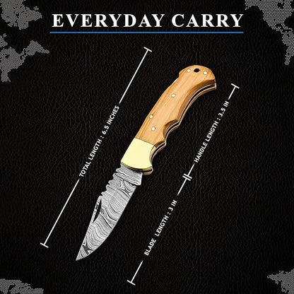 6.5 Inch Handmade Damascus Pocket knife for Men Folding Knife with back lock Small Pocket knife for Hunting Camping Hiking Damascus hunting knife with sheath Best EDC Camping Knife