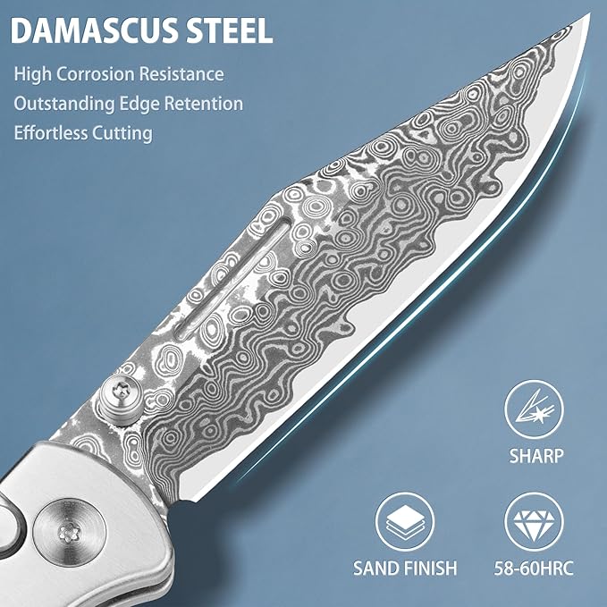 LOTHAR Falcon Damascus Pocket Knife, 2.98" VG10 Damascus Steel Blade EDC Knife, G10 Handle, Pocket Folding Knife with Clip, Button Lock Knife, Gifts Pocket Knife for Men Women
