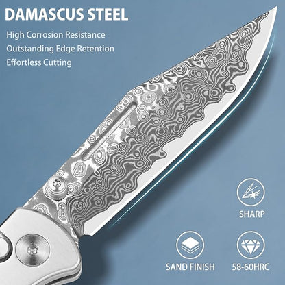 LOTHAR Falcon Damascus Pocket Knife, 2.98" VG10 Damascus Steel Blade EDC Knife, G10 Handle, Pocket Folding Knife with Clip, Button Lock Knife, Gifts Pocket Knife for Men Women