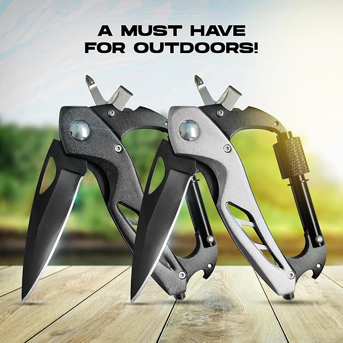 2-Pack Outdoor Carabiner Multitool, Carabiner Knife, EDC Pocket Knife Survival Gear with Glass Breaker