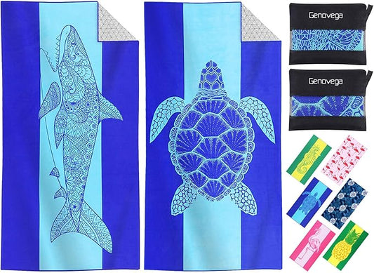 2 Packs Microfiber Oversized Lightweight Thin Beach Towel Compact Sandproof Quick Dry Clearance Towels Extra Large Sand Free Pool Travel Essentials Accessories Women Men Adults Gifts Blue Shark Turtle
