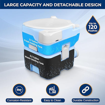 SereneLife 20L Portable Camping Toilet, 120 Flushes, Leak-Proof, Made from Durable PE Material, Detachable Waste Tank with Hand Sprayer and Phone Holder, Ideal for On-the-Go Recreational Activities