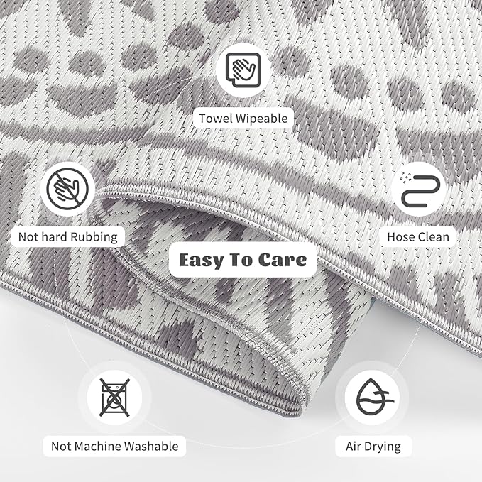 Ileading Reversible Plastic Outdoor Rug Modern Geometric Style Patio Straw Mat Waterproof Deck Carpets Non Shedding Portable Area Rugs for RV Beach Backyard Outside Pool Picnic Camping(6'x9'Grey)
