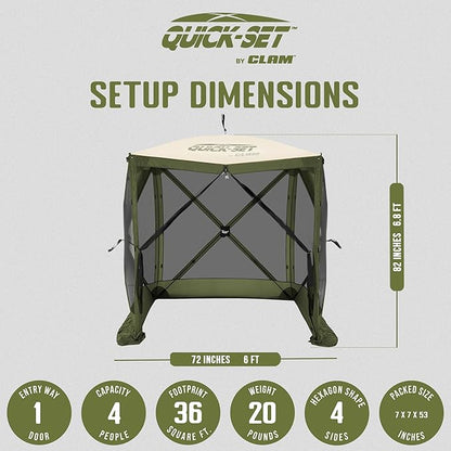 CLAM Pop Up Screen Tent, Outdoor Camping Gazebo Canopy, Traveler, 6', Green/Tan