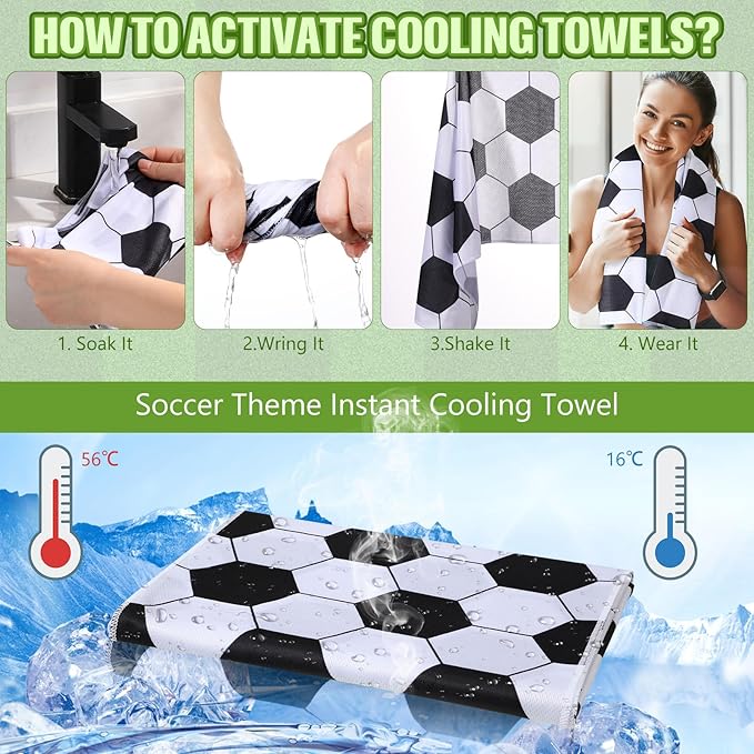6 Pack Soccer Cooling Towels for Boys, Soccer Sports Towels with Bags, 40"x12" Breathable Chilly Towel, White and Black Microfiber Towel for Sport Team Gift