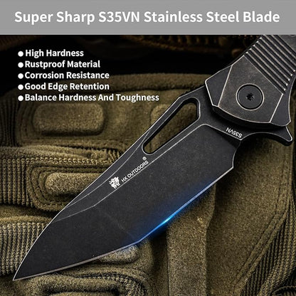 HX OUTDOORS Pocket Knife with Lock, High End S35VN Steel Folding Knife with Non Slip Titanium Alloy Handle(Black)